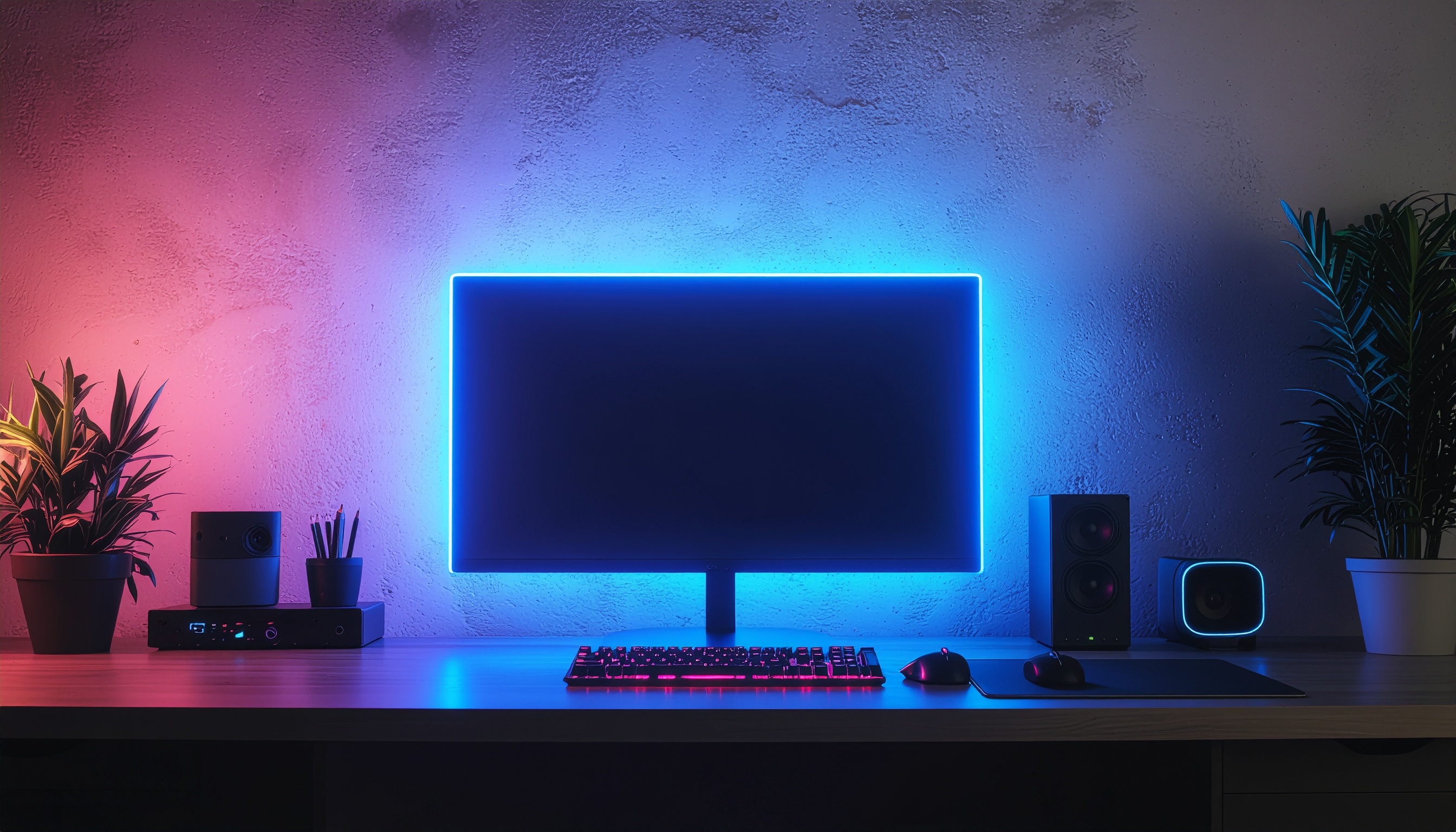 Setup moderno de computador com monitor iluminado por LED azul, teclado mecânico com luz vermelha, e acessórios dispostos em mesa de madeira. Plantas ao fundo adicionam um toque natural. Iluminação ambiente suave cria um contraste entre o brilho tecnológico e a textura da parede.